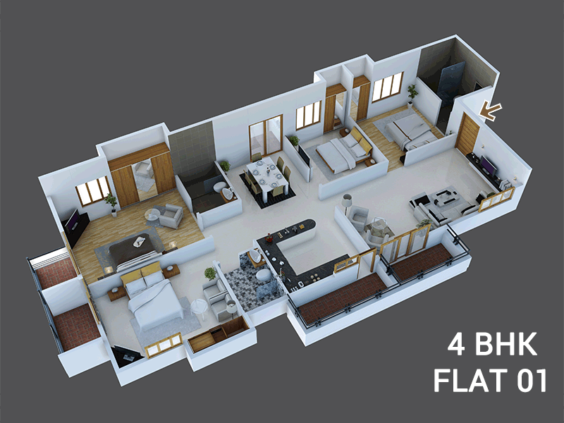 01 4BHK 1766 sft 3D Plan