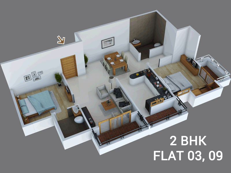 03 2BHK 1005 sft 3D Plan
