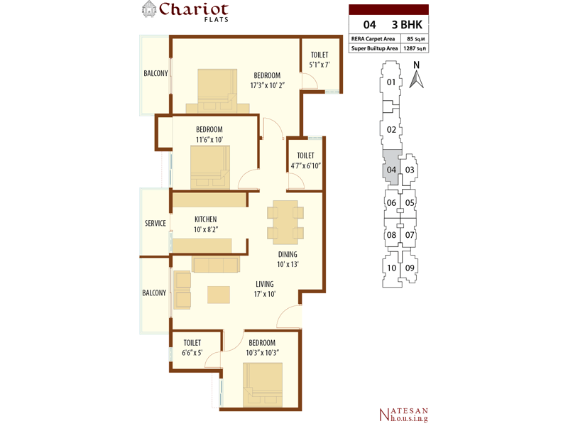 04 3BHK 1287 sft 2D Plan